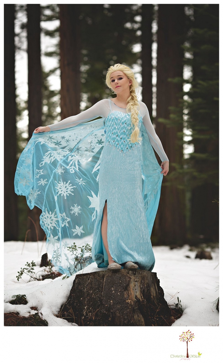 Sonora teen photographer Christine Dibble Photography takes snowy Elsa winter portraits to advertise for Fairytales and Friends.