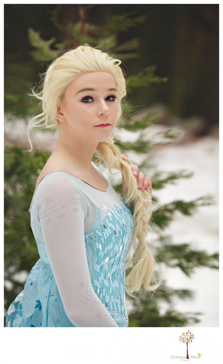 Sonora teen photographer Christine Dibble Photography takes snowy Elsa winter portraits to advertise for Fairytales and Friends.