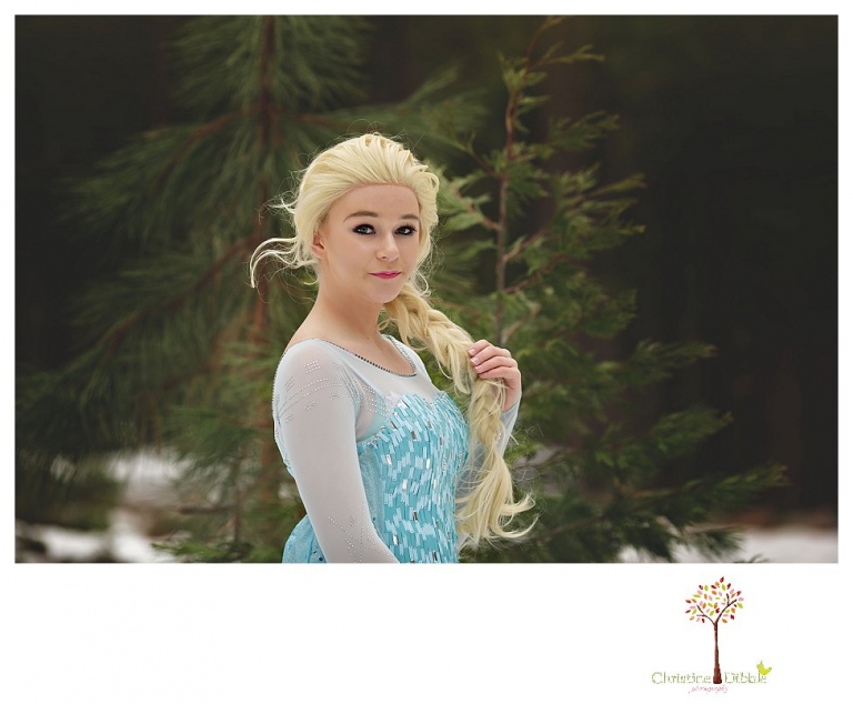 Sonora teen photographer Christine Dibble Photography takes snowy Elsa winter portraits to advertise for Fairytales and Friends.