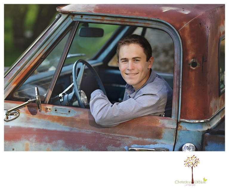 Sonora High senior portrait photographer Christine Dibble Photography takes outdoor spring senior portraits of a track star in his yard with his letterman jacket and old Chevy truck.