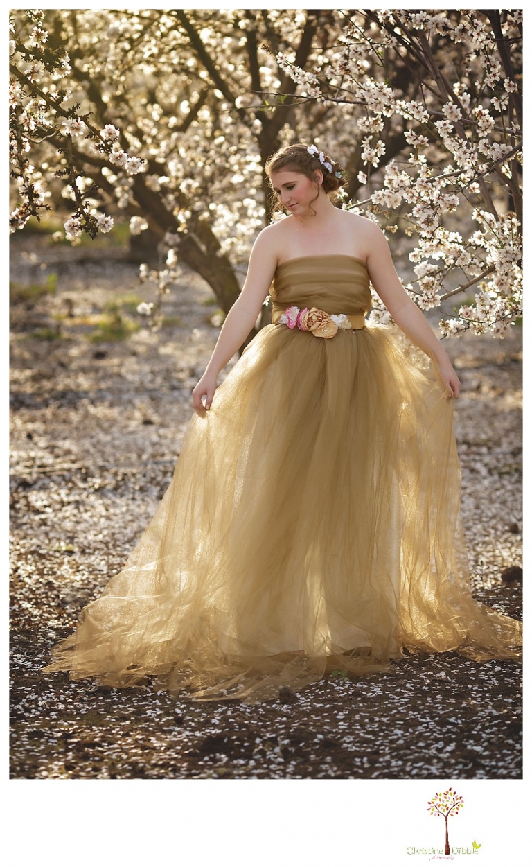 Sonora Summerville Senior Portrait photographer Christine Dibble Photography takes portraits of a senior girl in a full tulle dress among the blossoming trees at Bloomingcamp Ranch in Oakdale.