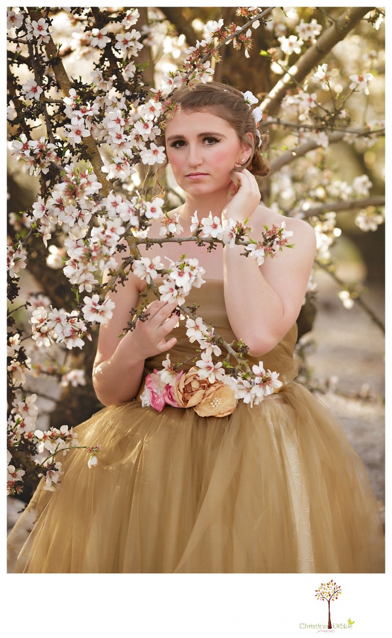 Sonora Summerville Senior Portrait photographer Christine Dibble Photography takes portraits of a senior girl in a full tulle dress among the blossoming trees at Bloomingcamp Ranch in Oakdale.