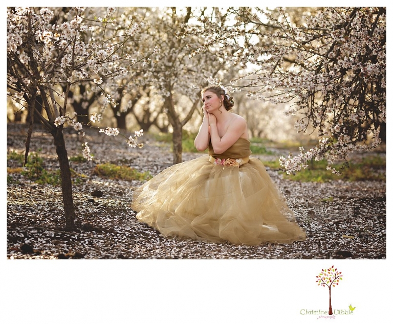 Sonora Summerville Senior Portrait photographer Christine Dibble Photography takes portraits of a senior girl in a full tulle dress among the blossoming trees at Bloomingcamp Ranch in Oakdale.