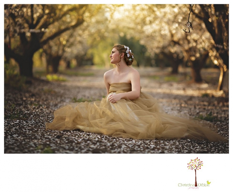 Sonora Summerville Senior Portrait photographer Christine Dibble Photography takes portraits of a senior girl in a full tulle dress among the blossoming trees at Bloomingcamp Ranch in Oakdale.
