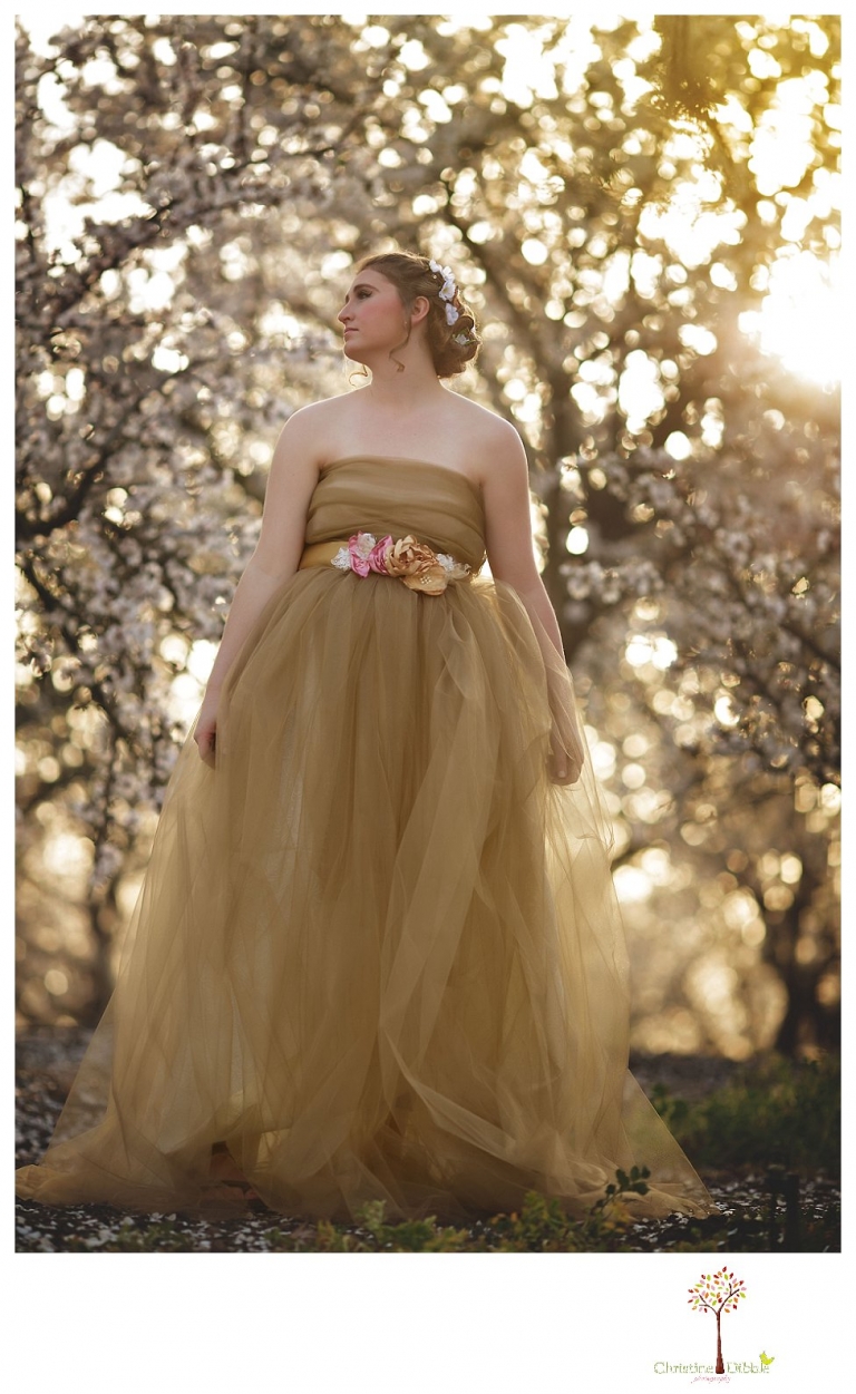 Sonora Summerville Senior Portrait photographer Christine Dibble Photography takes portraits of a senior girl in a full tulle dress among the blossoming trees at Bloomingcamp Ranch in Oakdale.