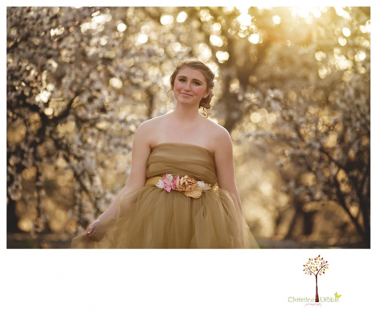 Sonora Summerville Senior Portrait photographer Christine Dibble Photography takes portraits of a senior girl in a full tulle dress among the blossoming trees at Bloomingcamp Ranch in Oakdale.