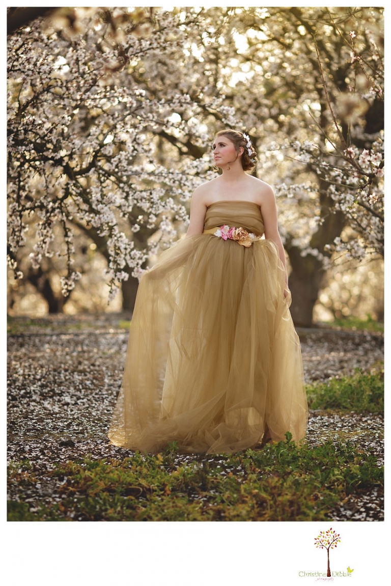 Sonora Summerville Senior Portrait photographer Christine Dibble Photography takes portraits of a senior girl in a full tulle dress among the blossoming trees at Bloomingcamp Ranch in Oakdale.