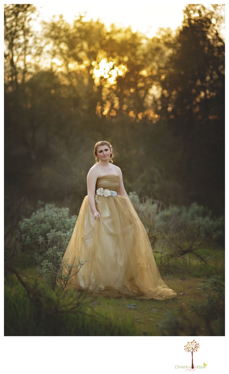 Sonora Summerville Senior Portrait photographer Christine Dibble Photography takes portraits of a senior girl in a full tulle dress among the blossoming trees at Bloomingcamp Ranch in Oakdale.
