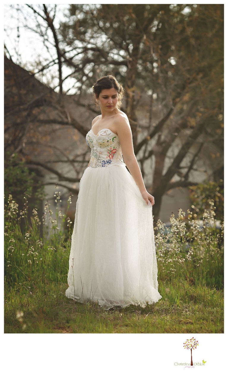 Sonora Wedding Photographer Christine Dibble Photography takes portraits of models posing as brides in wedding dresses made by Hopefully Romantic out of Twain Harte, CA.
