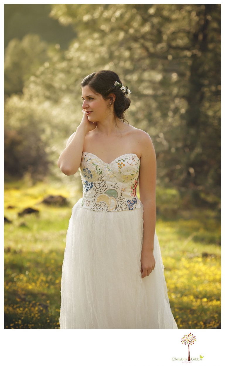 Sonora Wedding Photographer Christine Dibble Photography takes portraits of models posing as brides in wedding dresses made by Hopefully Romantic out of Twain Harte, CA.