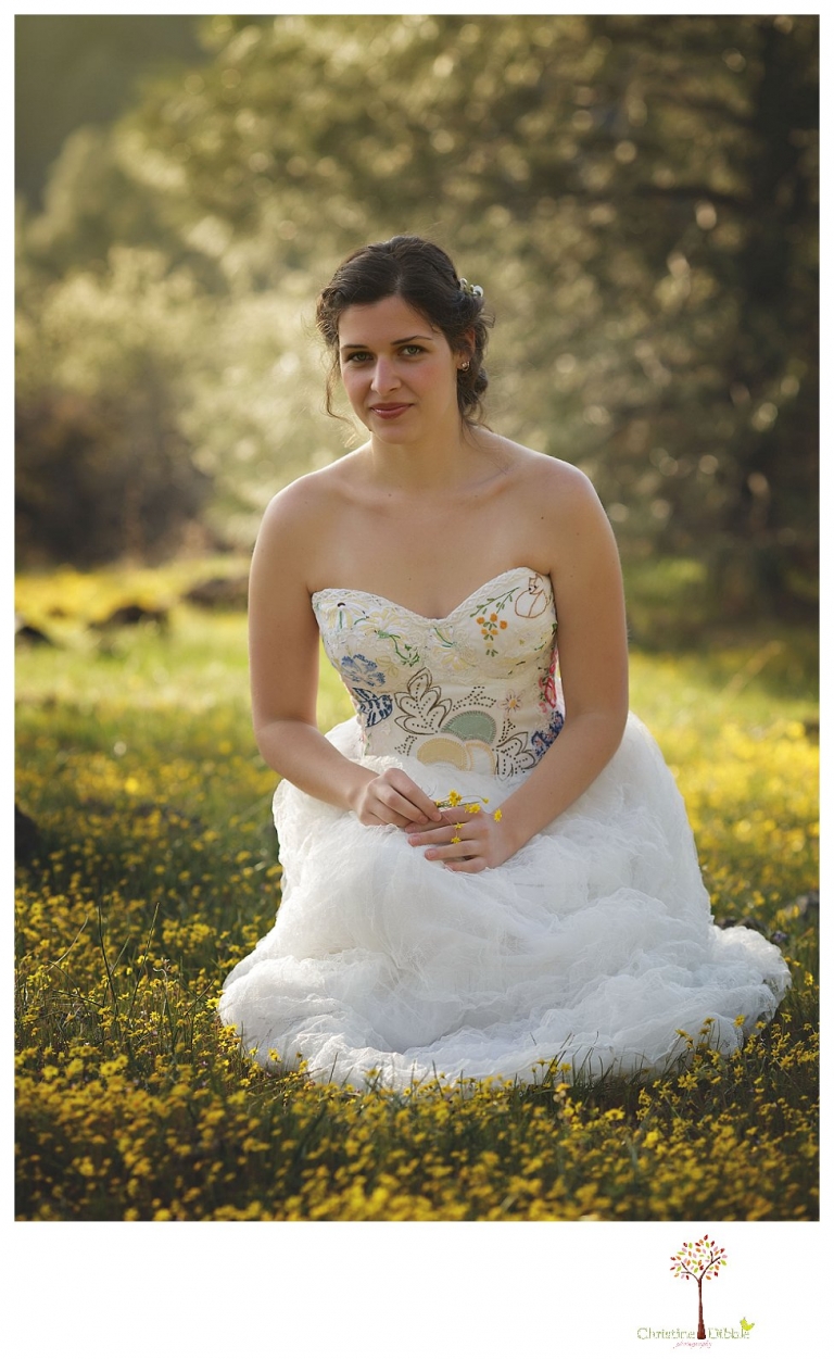 Sonora Wedding Photographer Christine Dibble Photography takes portraits of models posing as brides in wedding dresses made by Hopefully Romantic out of Twain Harte, CA.