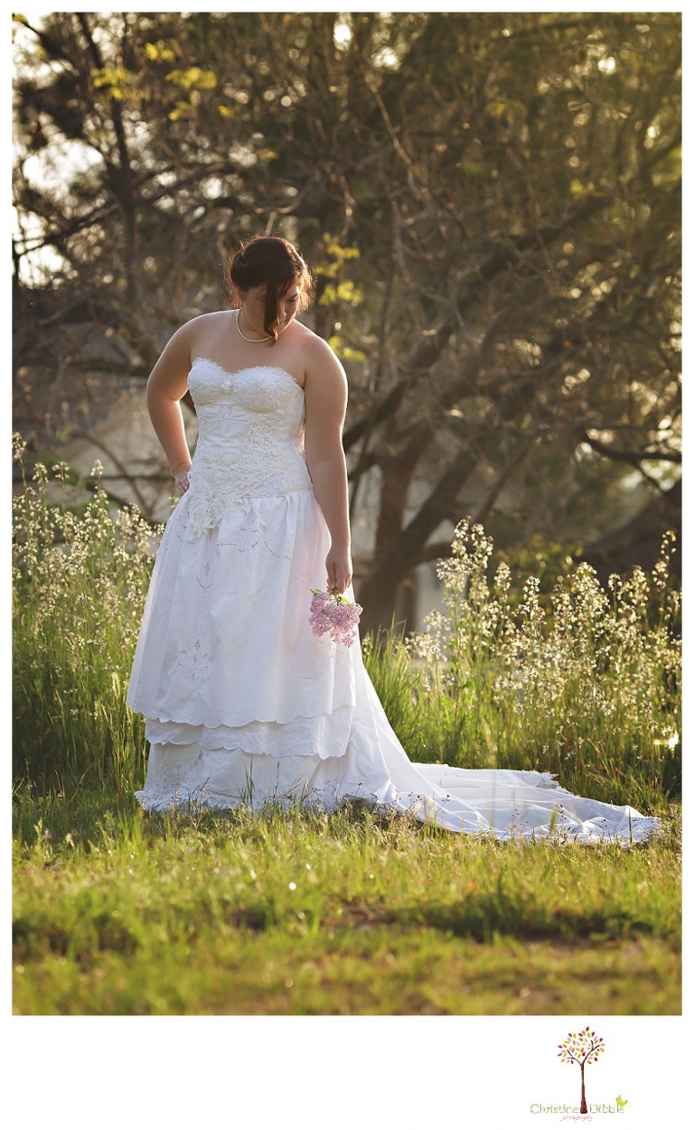 Sonora Wedding Photographer Christine Dibble Photography takes portraits of models posing as brides in wedding dresses made by Hopefully Romantic out of Twain Harte, CA.