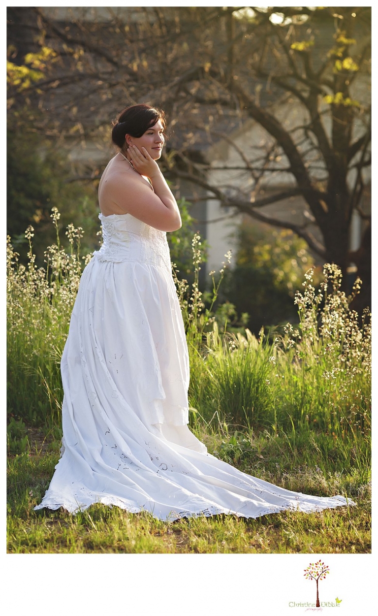 Sonora Wedding Photographer Christine Dibble Photography takes portraits of models posing as brides in wedding dresses made by Hopefully Romantic out of Twain Harte, CA.