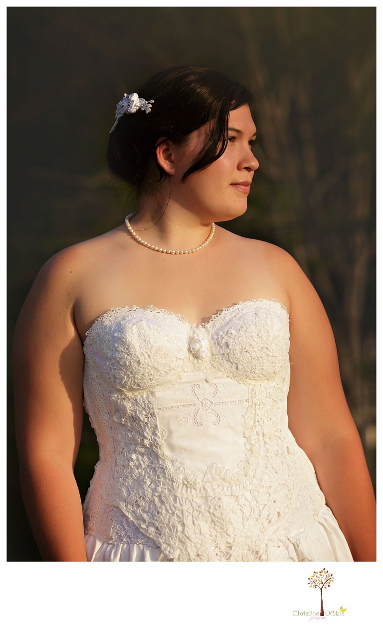 Sonora Wedding Photographer Christine Dibble Photography takes portraits of models posing as brides in wedding dresses made by Hopefully Romantic out of Twain Harte, CA.