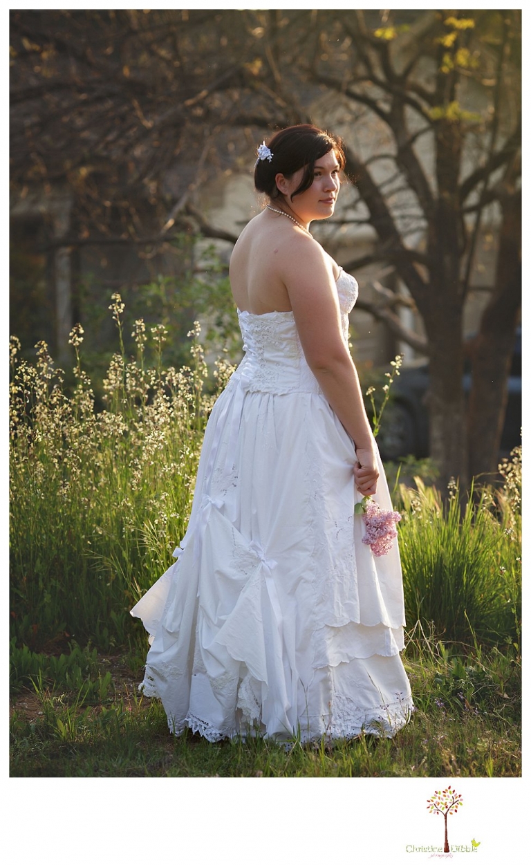 Sonora Wedding Photographer Christine Dibble Photography takes portraits of models posing as brides in wedding dresses made by Hopefully Romantic out of Twain Harte, CA.