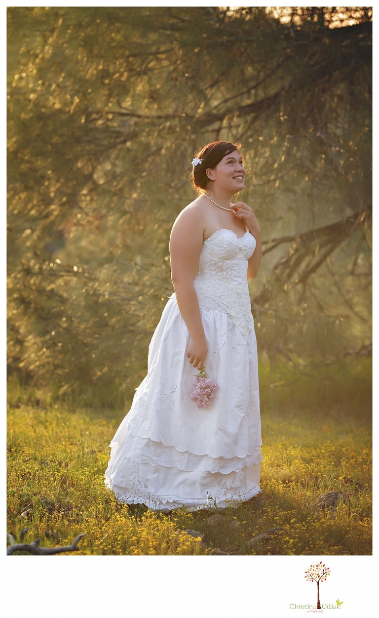 Sonora Wedding Photographer Christine Dibble Photography takes portraits of models posing as brides in wedding dresses made by Hopefully Romantic out of Twain Harte, CA.