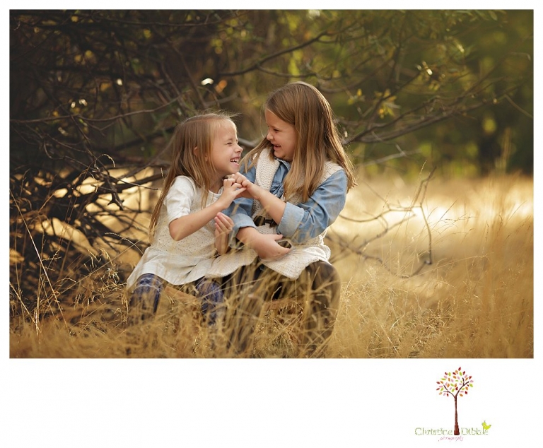 Sonora Family Photographer Christine Dibble Photography takes fall family portraits of a family with two little girls in both formal poses and while they hunt for ladybugs.