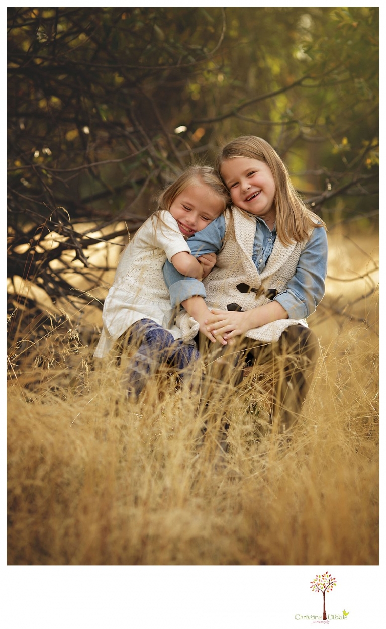 Sonora Family Photographer Christine Dibble Photography takes fall family portraits of a family with two little girls in both formal poses and while they hunt for ladybugs.