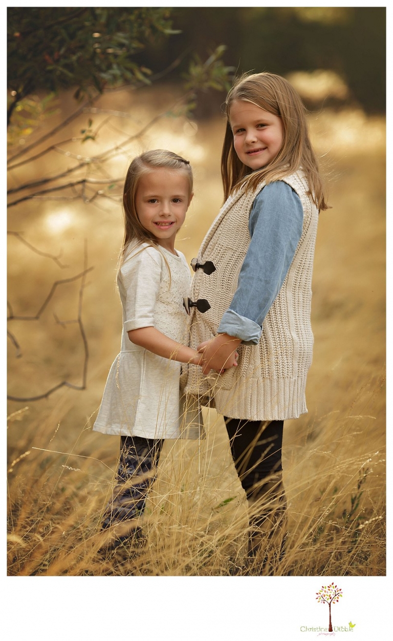 Sonora Family Photographer Christine Dibble Photography takes fall family portraits of a family with two little girls in both formal poses and while they hunt for ladybugs.
