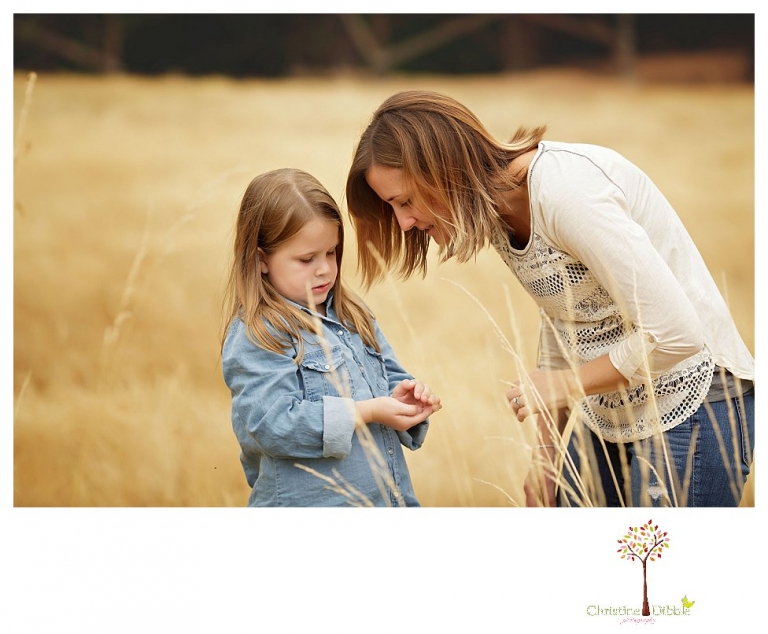 Sonora Family Photographer Christine Dibble Photography takes fall family portraits of a family with two little girls in both formal poses and while they hunt for ladybugs.