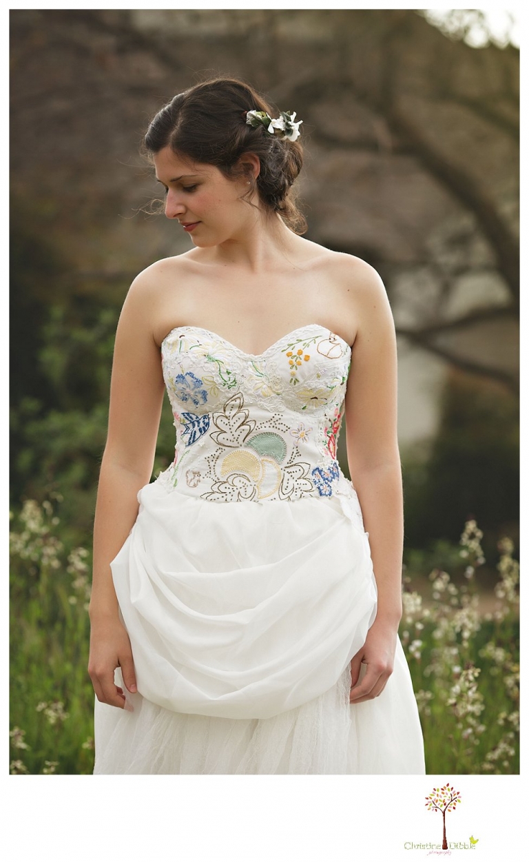 Sonora Wedding Photographer Christine Dibble Photography takes portraits of models posing as brides in wedding dresses made by Hopefully Romantic out of Twain Harte, CA.