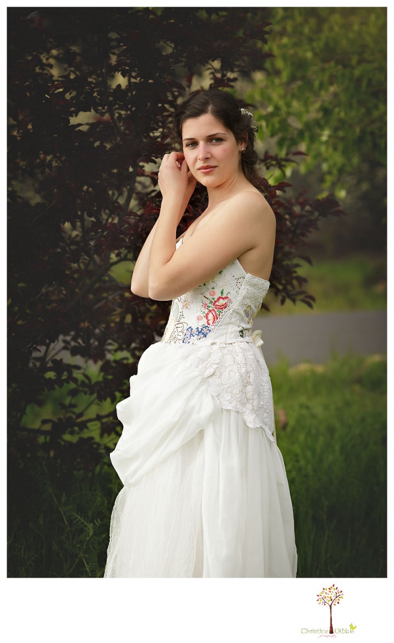 Sonora Wedding Photographer Christine Dibble Photography takes portraits of models posing as brides in wedding dresses made by Hopefully Romantic out of Twain Harte, CA.