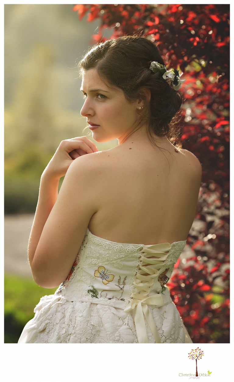 Sonora Wedding Photographer Christine Dibble Photography takes portraits of models posing as brides in wedding dresses made by Hopefully Romantic out of Twain Harte, CA.