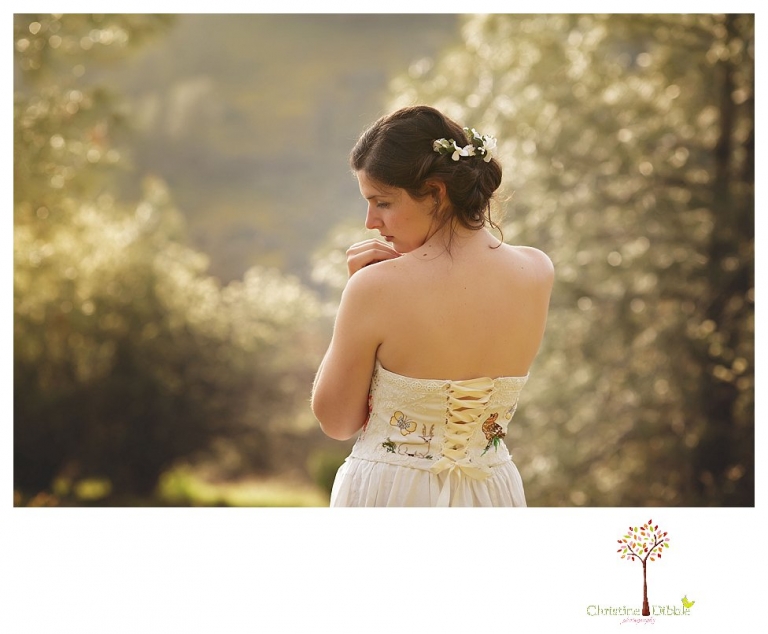 Sonora Wedding Photographer Christine Dibble Photography takes portraits of models posing as brides in wedding dresses made by Hopefully Romantic out of Twain Harte, CA.