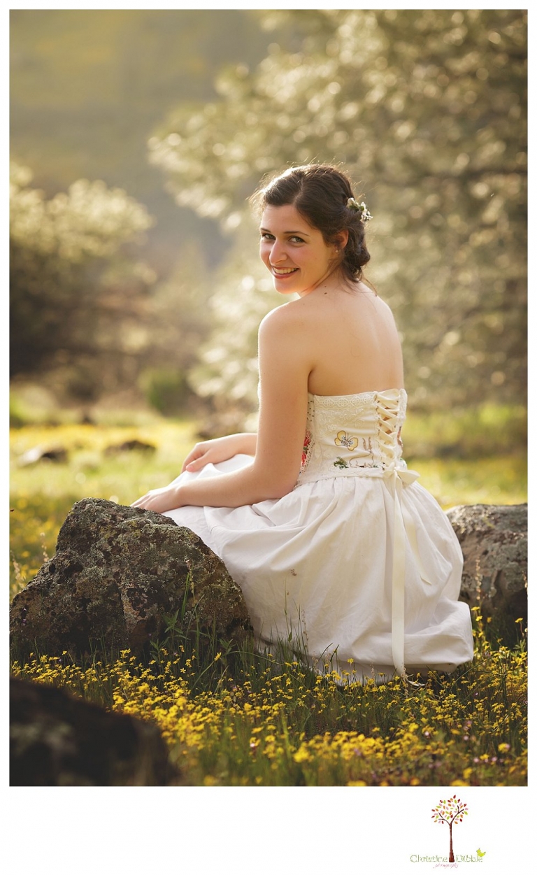Sonora Wedding Photographer Christine Dibble Photography takes portraits of models posing as brides in wedding dresses made by Hopefully Romantic out of Twain Harte, CA.