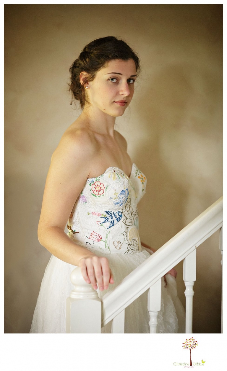 Sonora Wedding Photographer Christine Dibble Photography takes portraits of models posing as brides in wedding dresses made by Hopefully Romantic out of Twain Harte, CA.