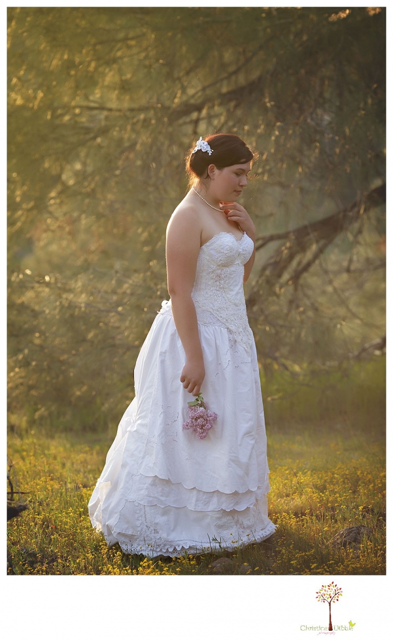 Sonora Wedding Photographer Christine Dibble Photography takes portraits of models posing as brides in wedding dresses made by Hopefully Romantic out of Twain Harte, CA.