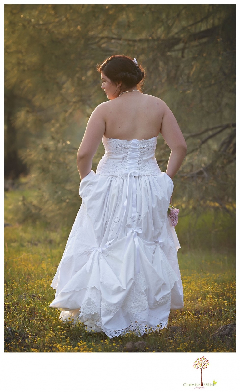 Sonora Wedding Photographer Christine Dibble Photography takes portraits of models posing as brides in wedding dresses made by Hopefully Romantic out of Twain Harte, CA.