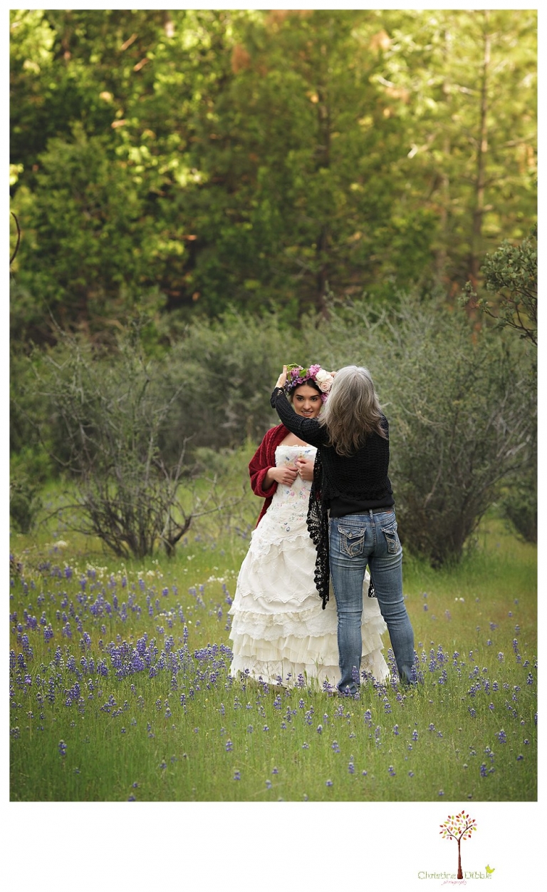 Sonora Wedding Photographer Christine Dibble Photography takes portraits of models posing as brides in wedding dresses made by Hopefully Romantic out of Twain Harte, CA.