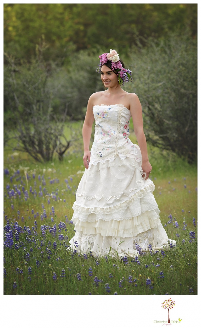 Sonora Wedding Photographer Christine Dibble Photography takes portraits of models posing as brides in wedding dresses made by Hopefully Romantic out of Twain Harte, CA.