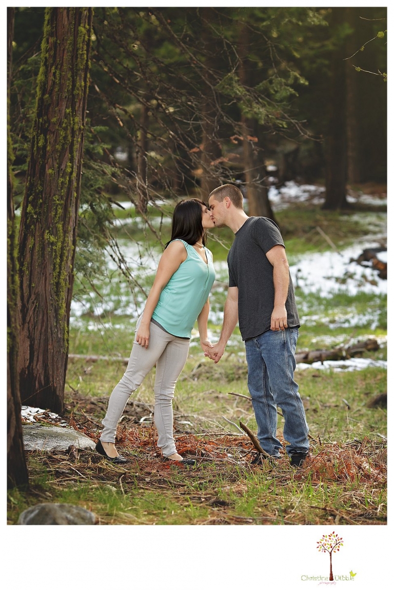 Sonora engagement and wedding photographer Christine Dibble Photography takes engagement photos of a couple in the woods at Pinecrest as they dance on a stump and walk through the trails. 