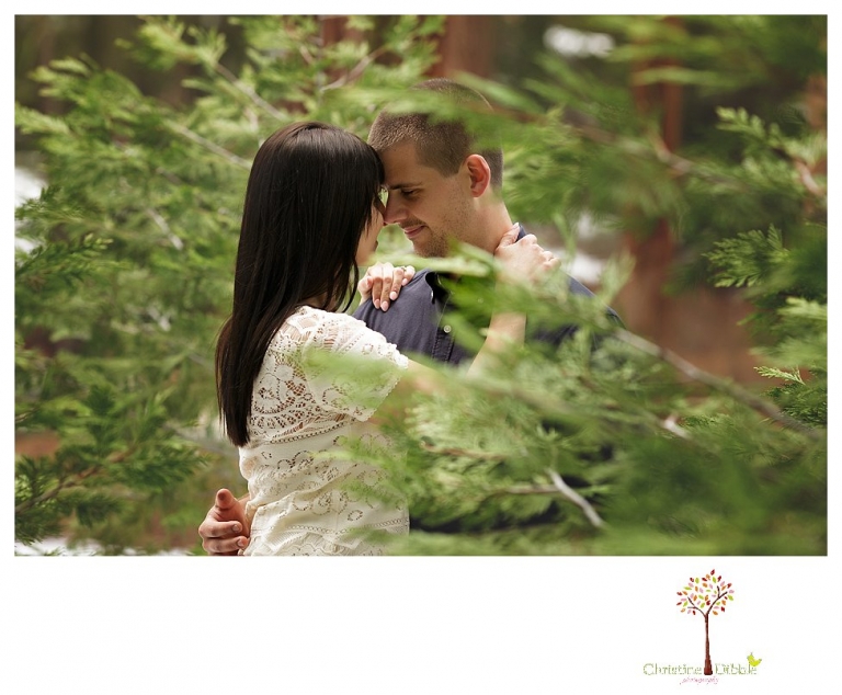 Sonora engagement and wedding photographer Christine Dibble Photography takes engagement photos of a couple in the woods at Pinecrest as they dance on a stump and walk through the trails. 