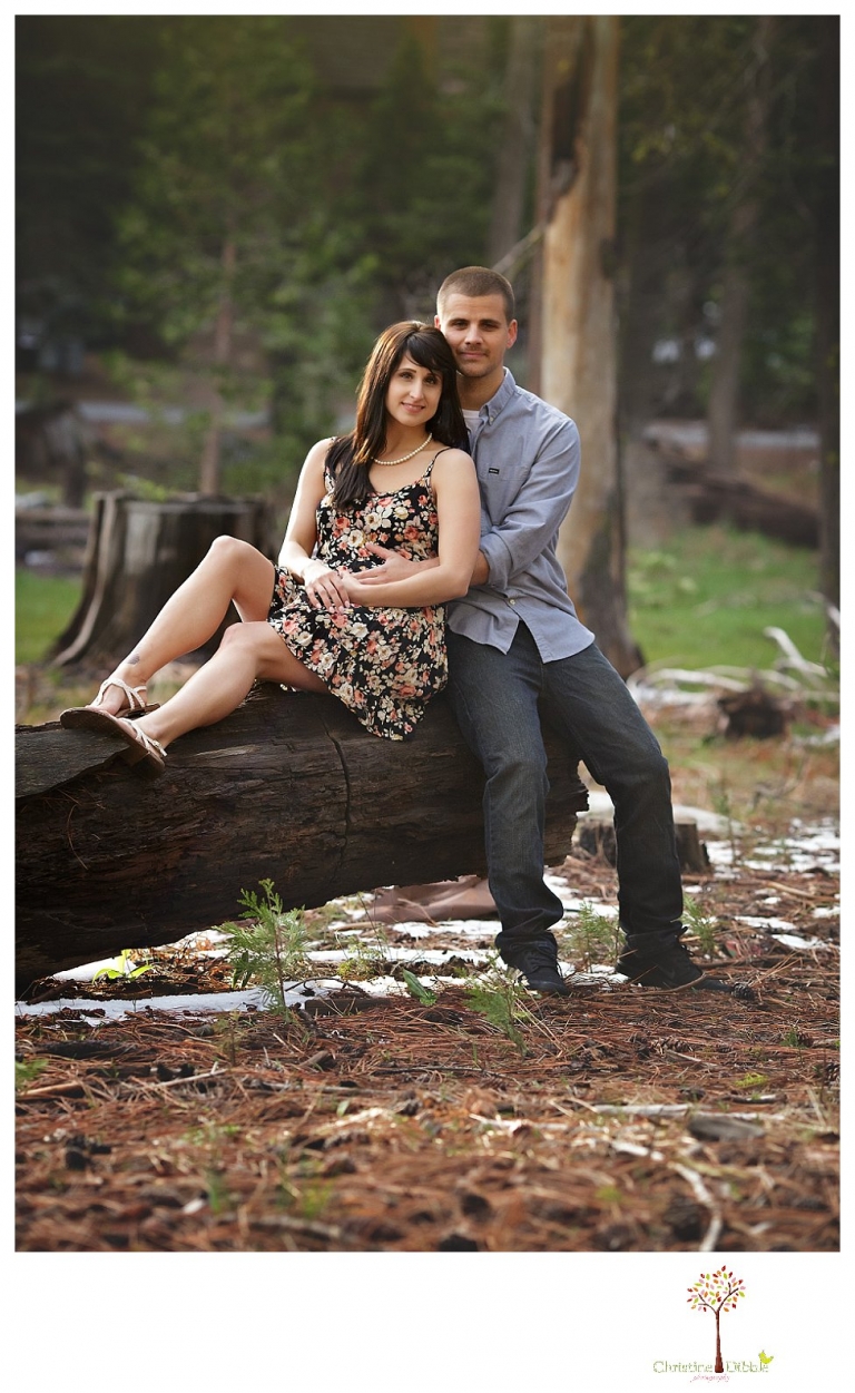 Sonora engagement and wedding photographer Christine Dibble Photography takes engagement photos of a couple in the woods at Pinecrest as they dance on a stump and walk through the trails. 