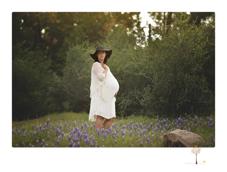 Sonora Maternity Photographer Christine Dibble Photography takes beautiful belly portraits of a mom-to-be pregnant with her fourth child in a white dress and floppy sunhat in a field of Lupine in Twain Harte.