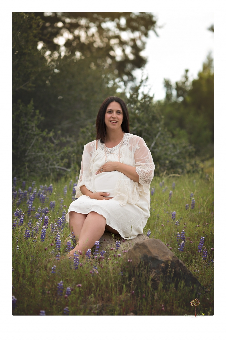 Sonora Maternity Photographer Christine Dibble Photography takes beautiful belly portraits of a mom-to-be pregnant with her fourth child in a white dress and floppy sunhat as she poses  in a field of Lupine in Twain Harte.