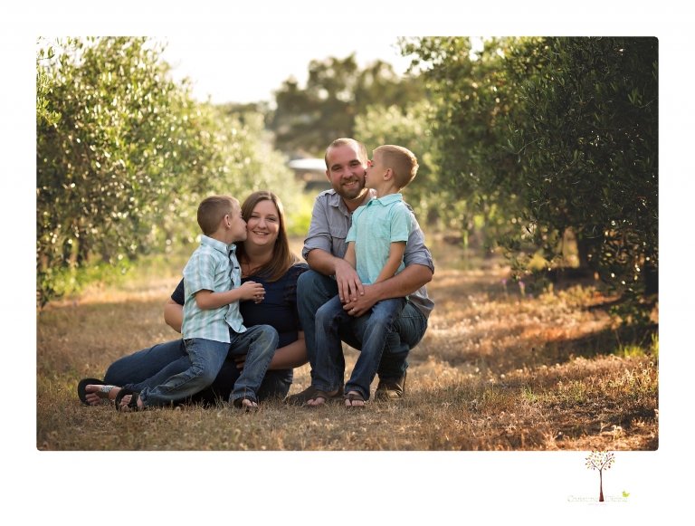 Sonora family photographer Christine Dibble Photography photographs a pregnancy announcement at Hurst Ranch as a wife tells her husband she is pregnant with baby number three during a family portrait session.