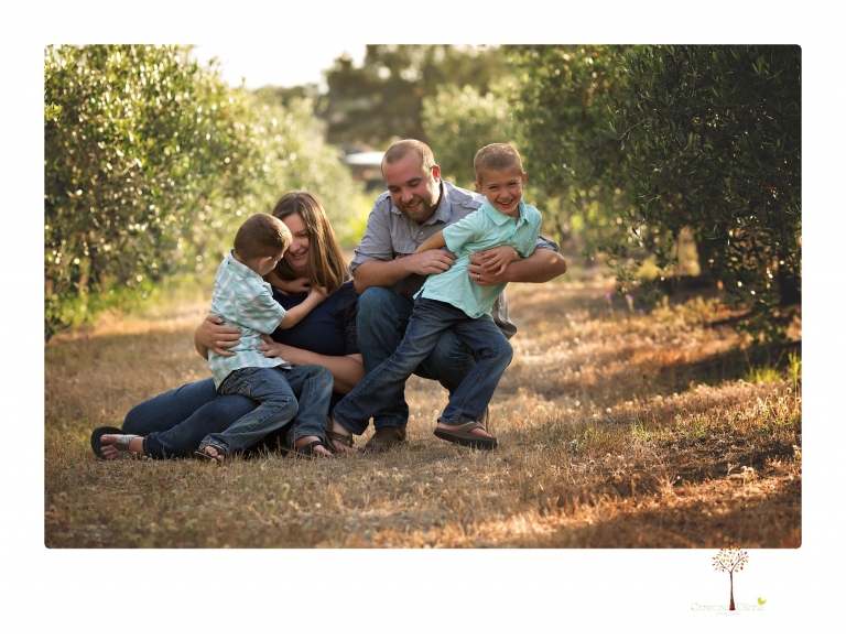 Sonora family photographer Christine Dibble Photography photographs a pregnancy announcement at Hurst Ranch as a wife tells her husband she is pregnant with baby number three during a family portrait session.