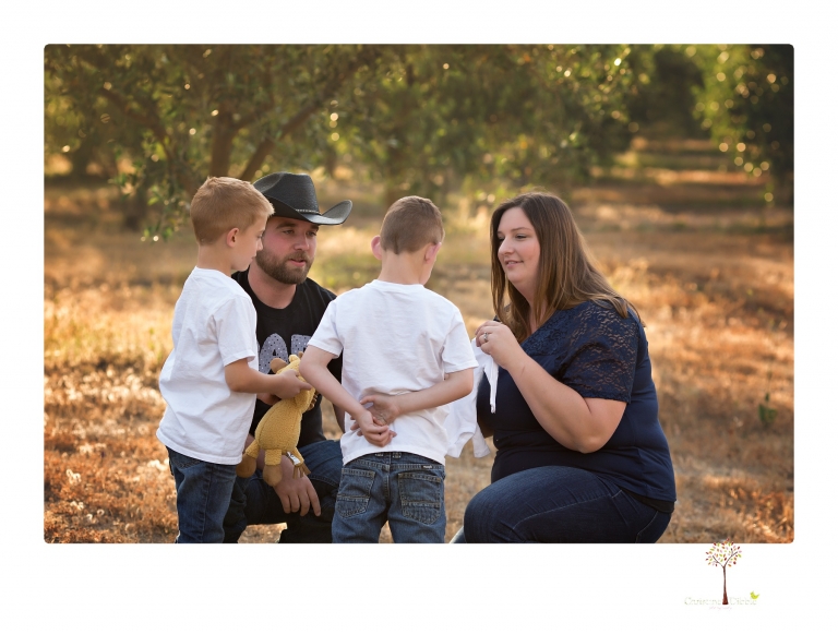 Sonora family photographer Christine Dibble Photography photographs a pregnancy announcement at Hurst Ranch as a wife tells her husband she is pregnant with baby number three during a family portrait session.