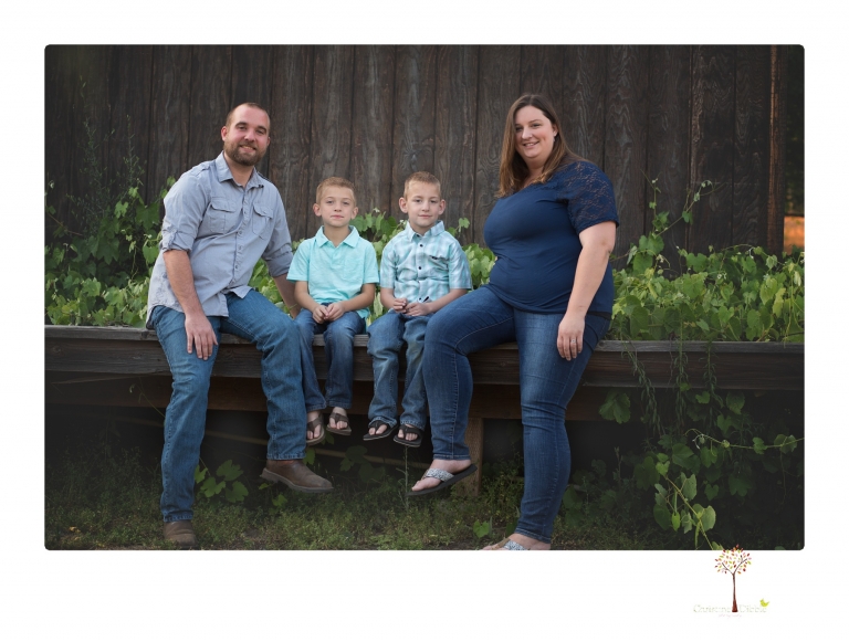Sonora family photographer Christine Dibble Photography photographs a pregnancy announcement at Hurst Ranch as a wife tells her husband she is pregnant with baby number three during a family portrait session.
