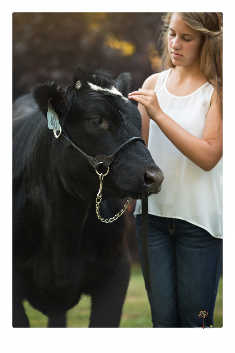 Sonora graduation photographer Christine Dibble Photography takes eighth grade graduation portraits of a girl in a pink lace dress, jeans and cowboy boots with her family, dogs, and steer, Big Mac in her family's yard.