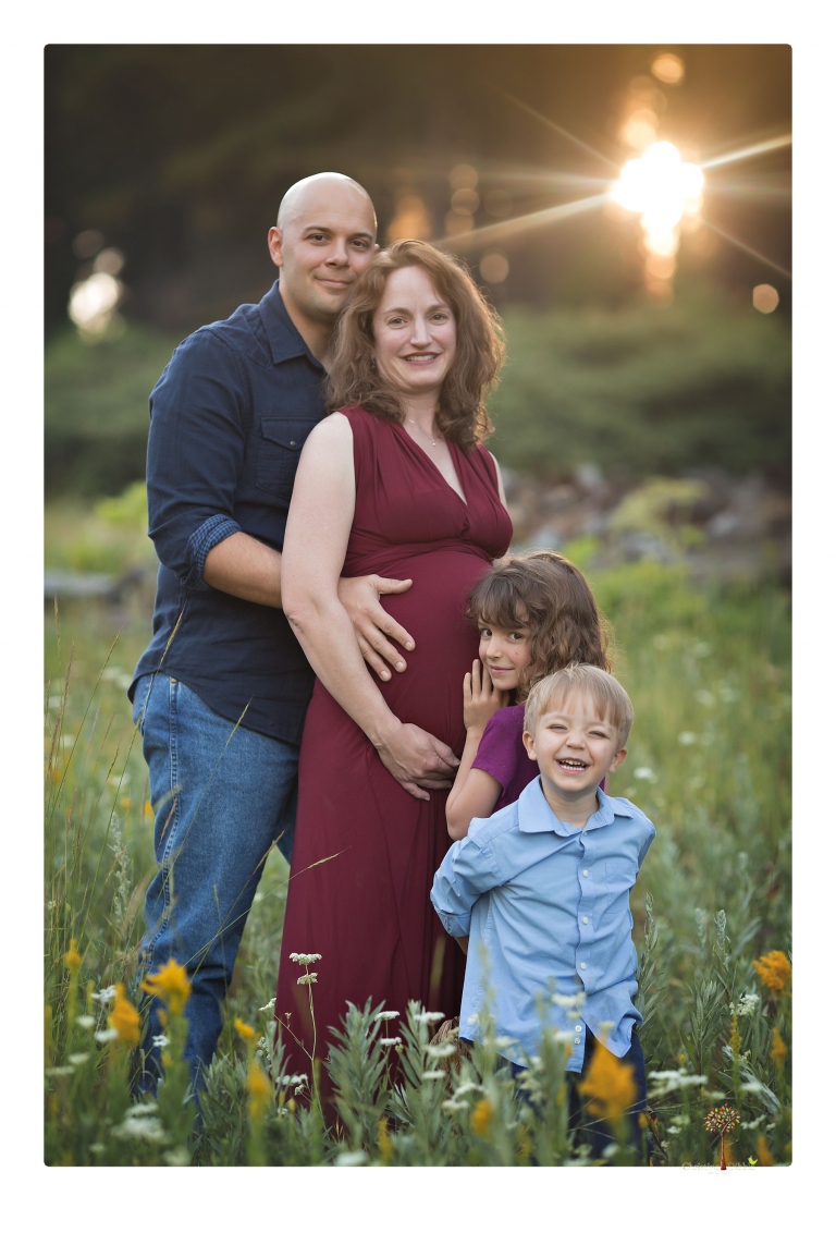 Sonora maternity photographer Christine Dibble Photography takes family maternity portraits of a mom expecting twins  in a wildflower field near Long Barn.