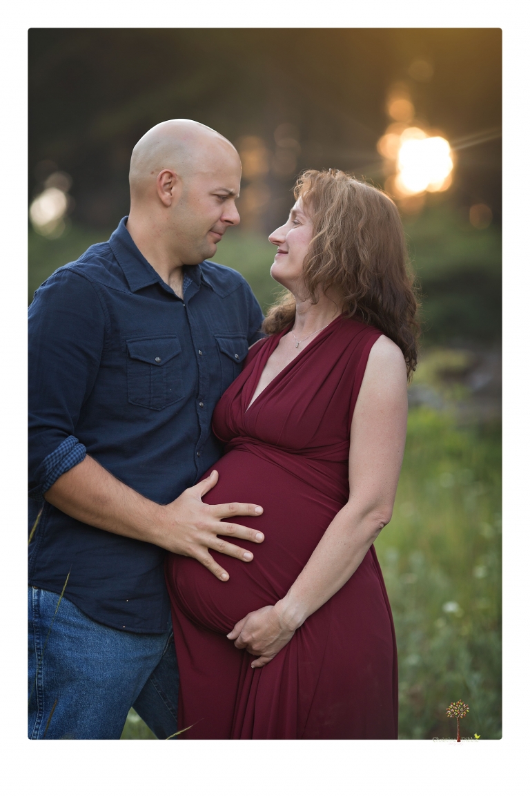 Sonora maternity photographer Christine Dibble Photography takes family maternity portraits of a mom expecting twins  in a wildflower field near Long Barn.