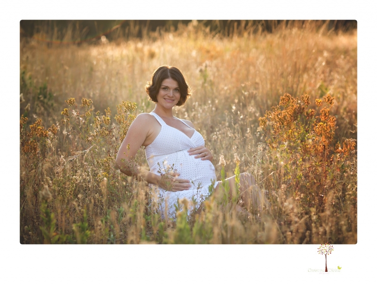 Sonora pregnancy photographer Christine Dibble Photography takes maternity portraits in golden sunlight outdoors of women wearing maternity dresses and tulle wraps.