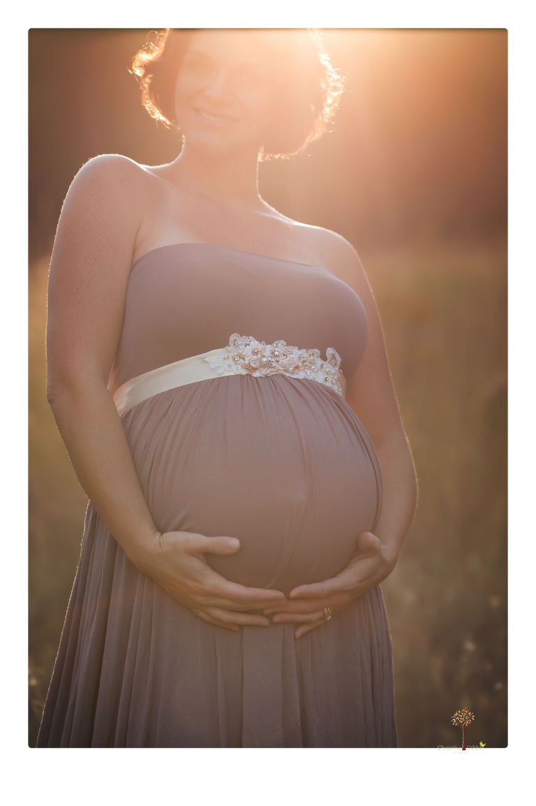 Sonora pregnancy photographer Christine Dibble Photography takes maternity portraits in golden sunlight outdoors of women wearing maternity dresses and tulle wraps.