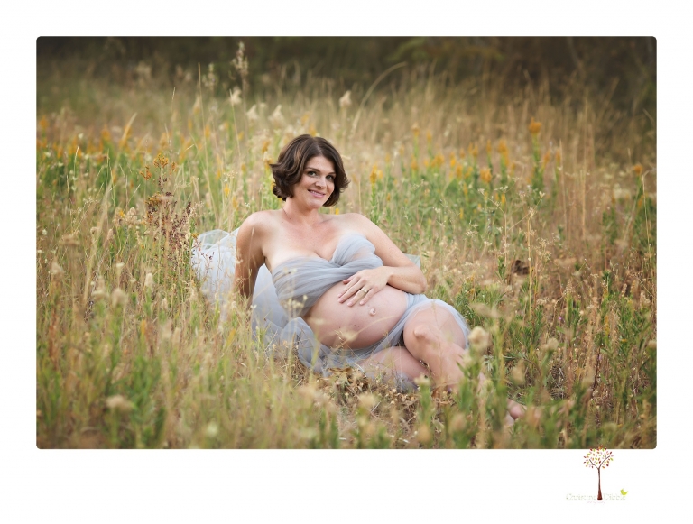 Sonora pregnancy photographer Christine Dibble Photography takes maternity portraits in golden sunlight outdoors of women wearing maternity dresses and tulle wraps.
