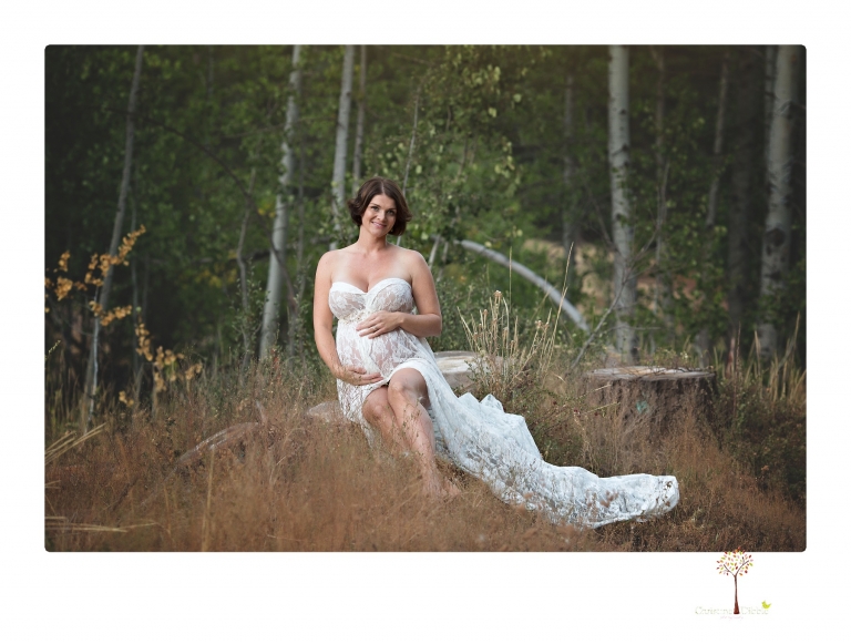 Sonora pregnancy photographer Christine Dibble Photography takes maternity portraits in golden sunlight outdoors of women wearing maternity dresses and tulle wraps.